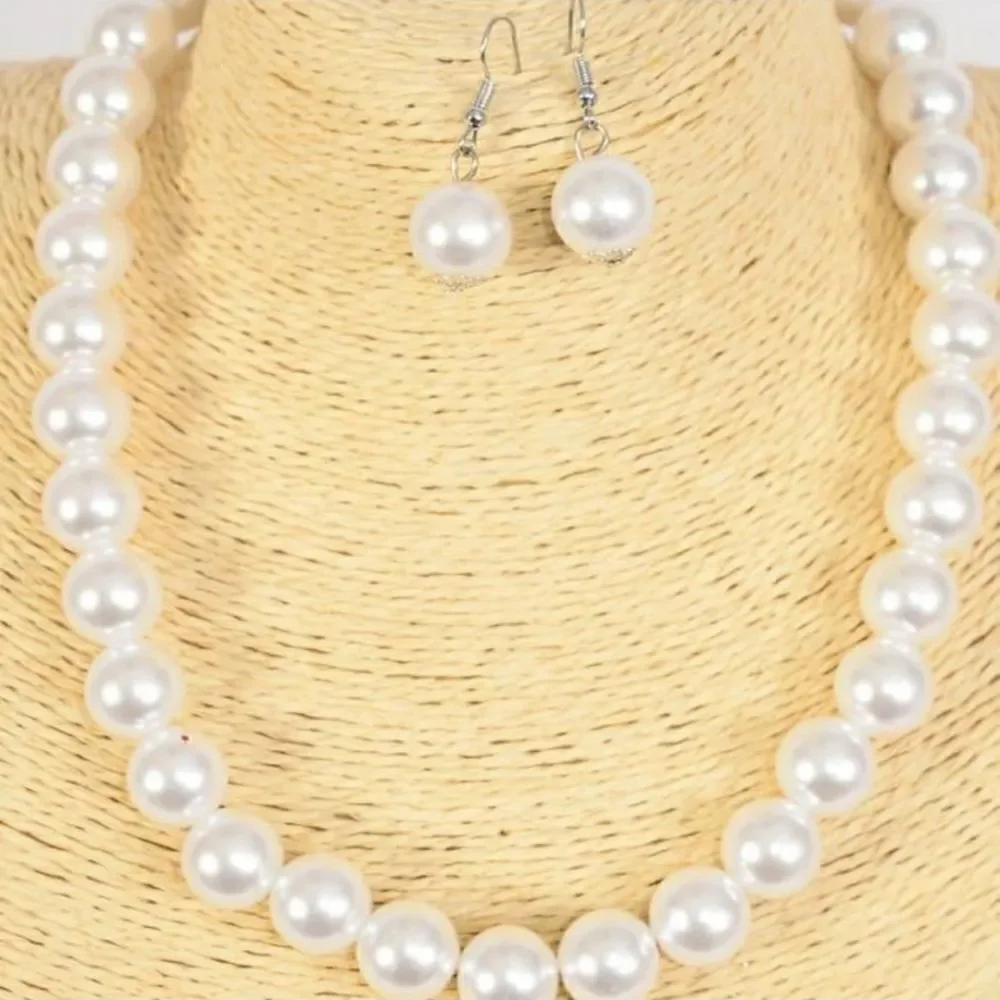 10 mm White Glass Pearl Necklace and Matching Earrings